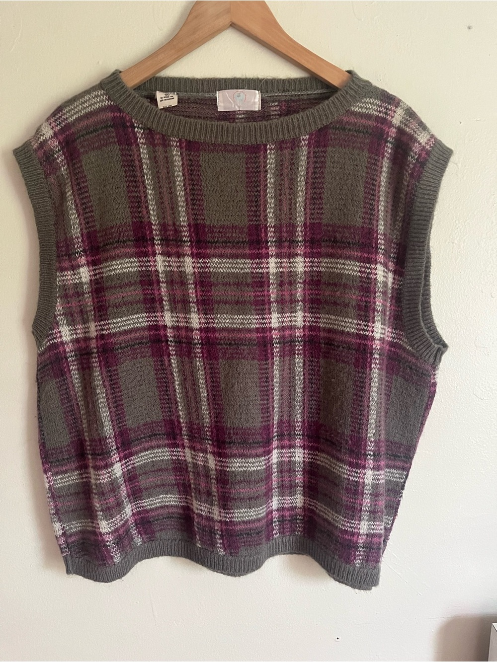 Vintage square neck  purple and grey plaid sweater size XL